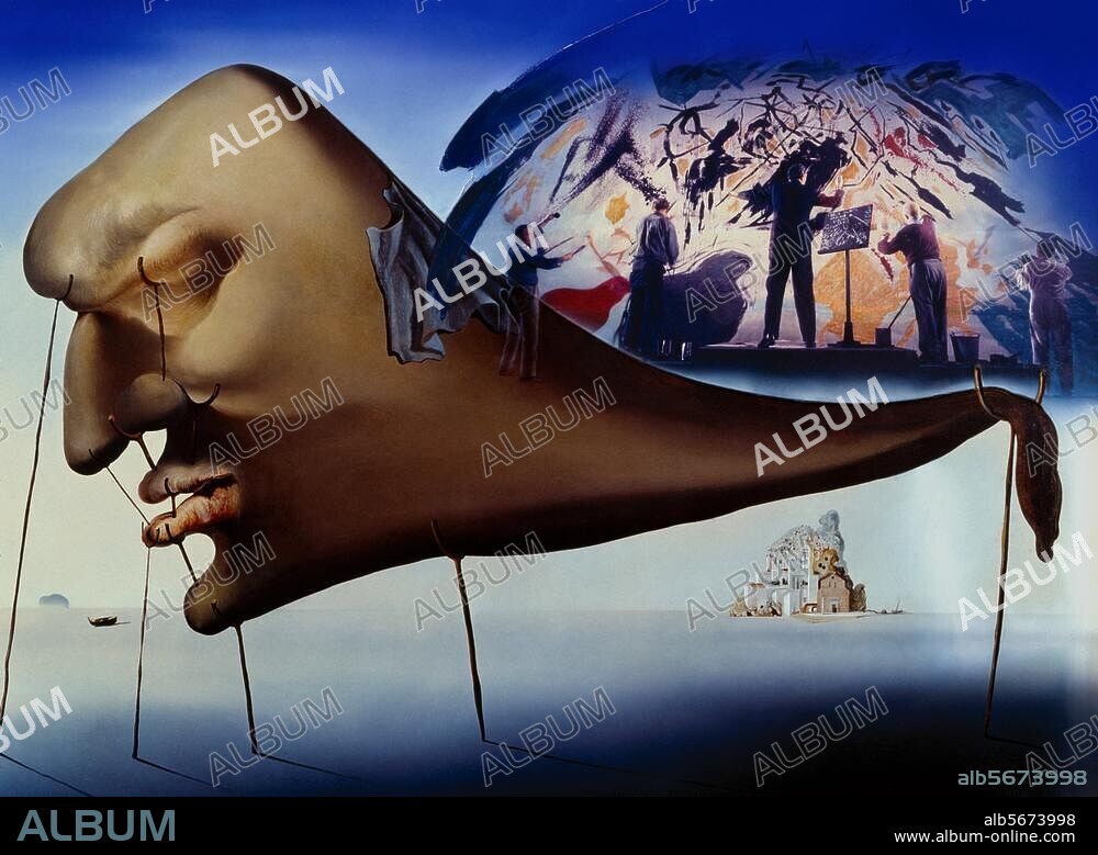 SALVADOR DALI. Dalí, Salvador; 1904-1989. "Le sommeil" (Der Schlaf), um 1955. Collage (Fotoreproduktion des Gemäldes "Le sommeil", 1937, mit Foto des Happenings von Dalí im Studio des Fotografen Gjon Mili in New York), mit Gouache überarbeitet, 30,4 × 39,5 cm. Ehemals Sammlung John-Peter Moore, Cadaqués.