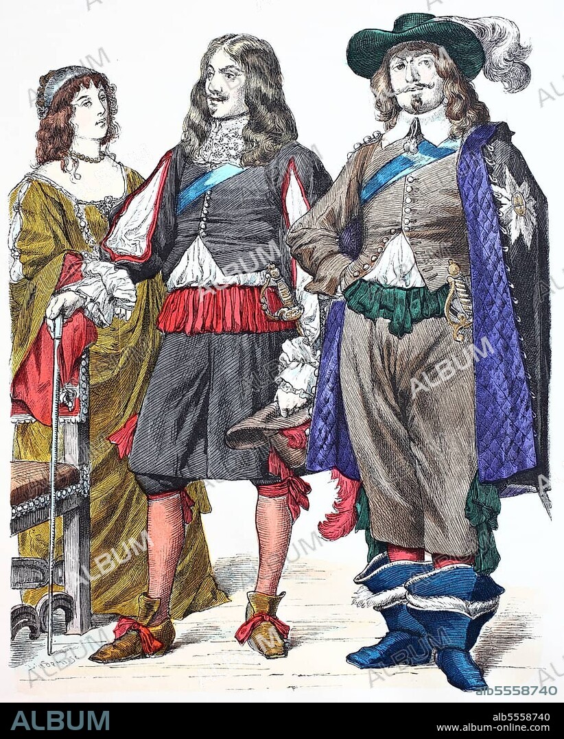 Folk traditional costume, clothing, history of costumes, Anne Countess of Chesterfield, man of the court of Charles II Duke of Newcastle, costumes from England, 17th century, digitally restored reproduction of a 19th century original, exact date unknown.