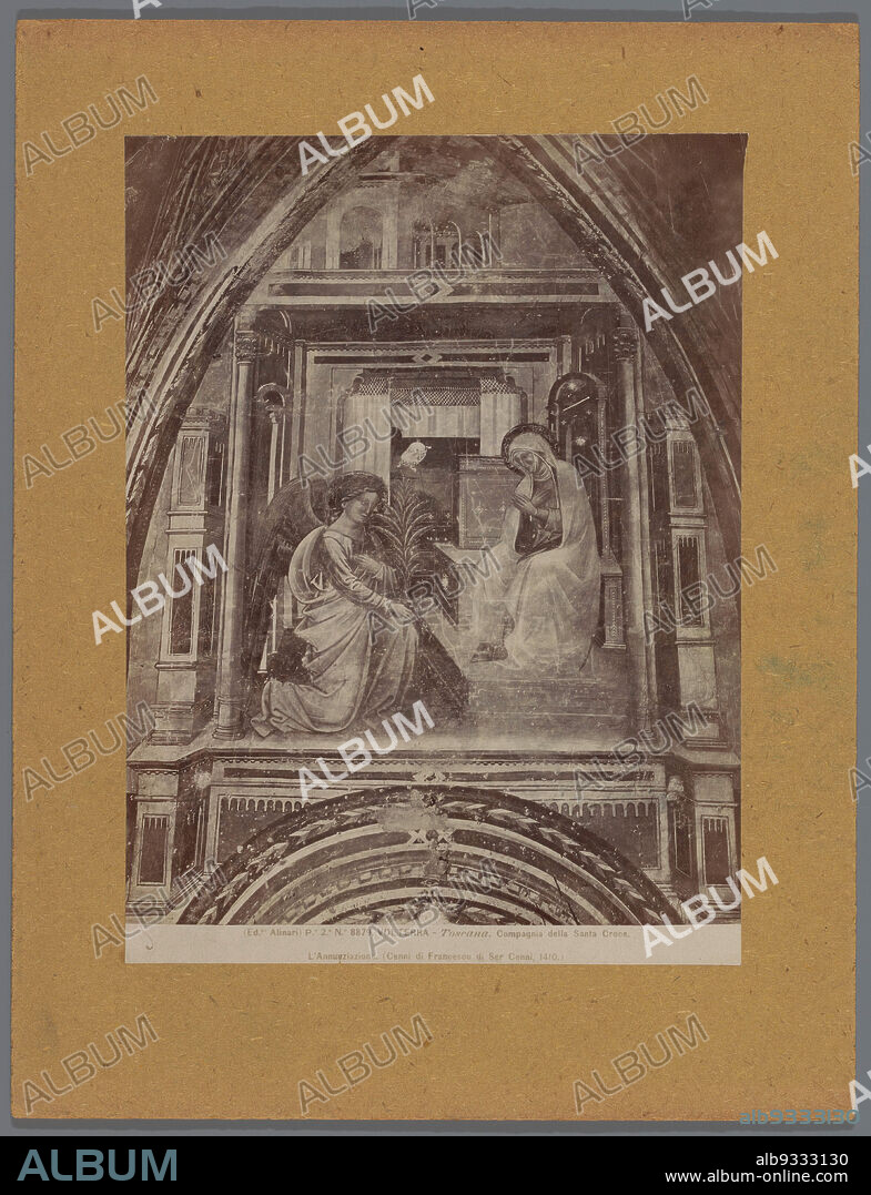Painting by Cenni di Francesco in the Cappella della Croce di Giorno at Volterra, depicting the Annunciation, VOLTERRA - Toscana. Compagnia della Santa Croce. L'Annunziazione. (Cenni di Francesco di ser Cenni, 1410.) (title on object), Alinari (mentioned on object), Chiesa di San Francesco, c. 1875 - c. 1900, cardboard, albumen print, height 250 mm × width 185 mm.