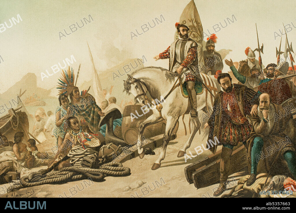 JUAN ALAMINOS. SPANISH ARTIST OF THE SECOND HALF OF THE 19TH CENTURY.. Hernán Cortés (1485-1547). Conquistador español que inició la expedición de la conquista de México. El nuevo territorio pasaría a denominarse Nueva España. Para evitar deserciones entre sus propios acompañantes, Cortés decidió hundir sus naves que estaban fondeadas en la ciudad de Villa Rica de Veracruz. Destrucción de la flota. Quema de sus naves. (Copia adel cuadro de Francisco Sanz). Ilustración por J. Alaminos. Cromolitografía. Historia General de España, por Miguel Morayta. Tomo III. Madrid, 1890.