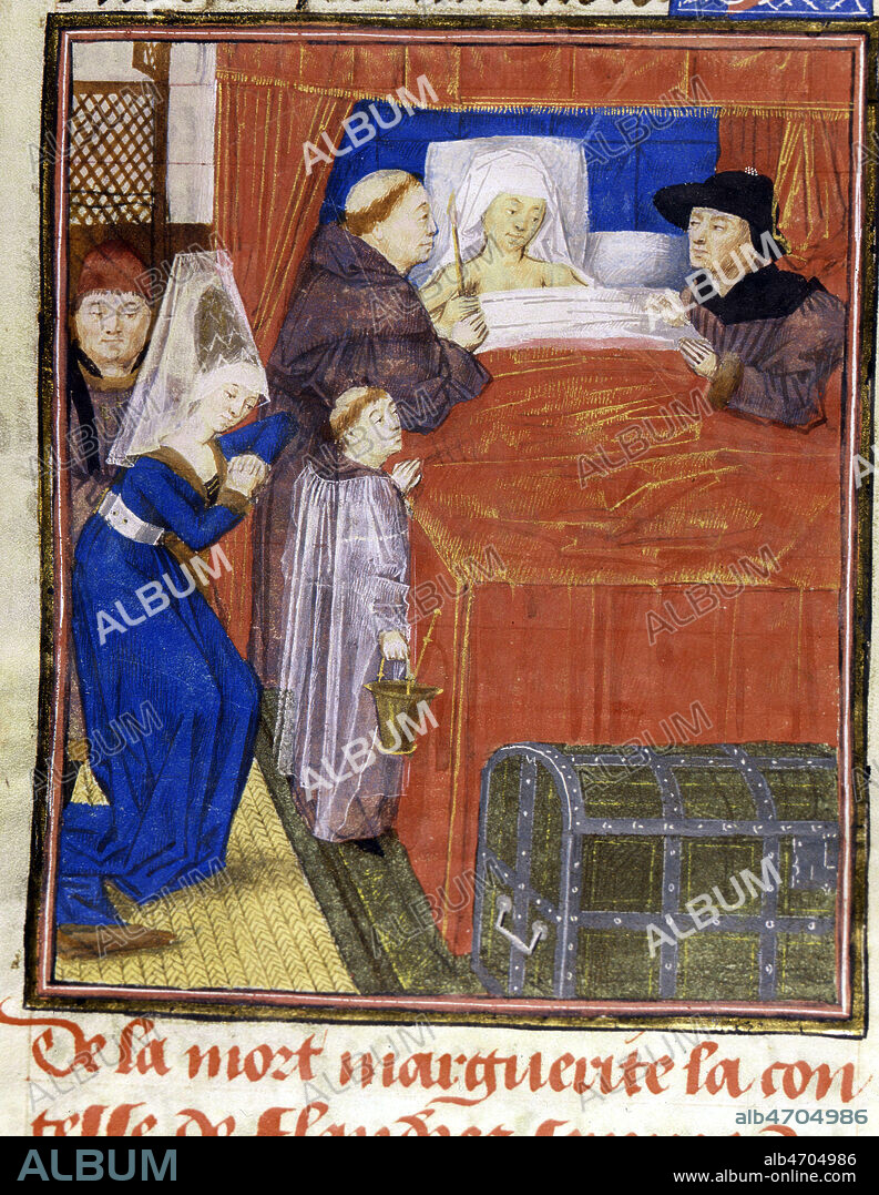 Mort de Marguerite de Flandres. Un pretre lui donne l'extreme-onction. Enluminure provenant des Chroniques de Hainaut par Jacques de GUISE, au 15eme s (XVe, 15e s.). Manuscrit medieval conserve a la bibliotheque municipale de Boulogne-sur-mer.Credit Collection JEAN VIGNE/KHARBINE TAPABOR.