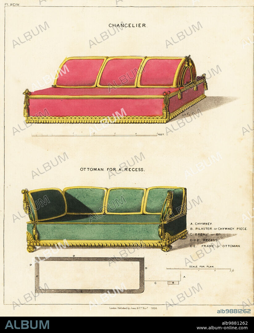 Square chancelier sofa and ottoman couch for a recess. Large sofas upholstered in velvet trimmed with gold piping and tassels. Handcoloured copperplate engraving from George Smiths The Cabinet-Maker and Upholsterers Guide, Jones and Co., London, 1828. George Smith was upholsterer and furniture draughtsman to his Majesty (the Prince of Wales, later King George IV), circa 1786-1826.