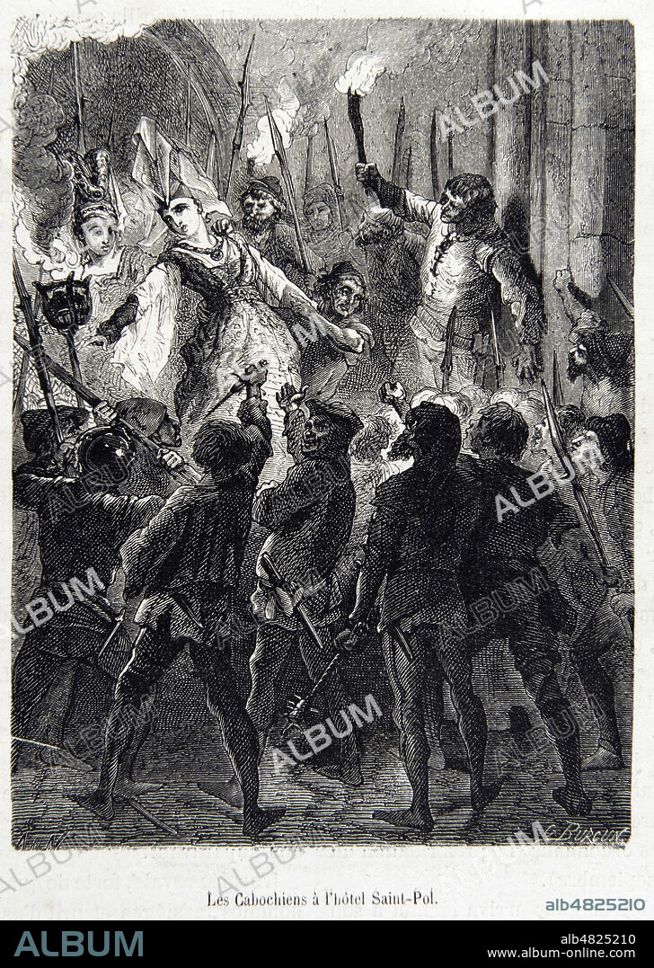 'Les Cabochiens a l'hotel Saint-Pol', episode de la guerre civile entre Armagnacs et Bourguignons. Au printemps 1413, Jean sans Peur, duc de Bourgogne parvient a soulever le peuple de Paris et a imposer une reforme appelee ordonnance cabochienne (15eme, XVeme s.) Illustration par A. de Neuville (1835-1885) pour l'Histoire de France populaire par Henri Martin (1810-1883), vers 1870. Credit : Collection Grob/KHARBINE-TAPABOR.