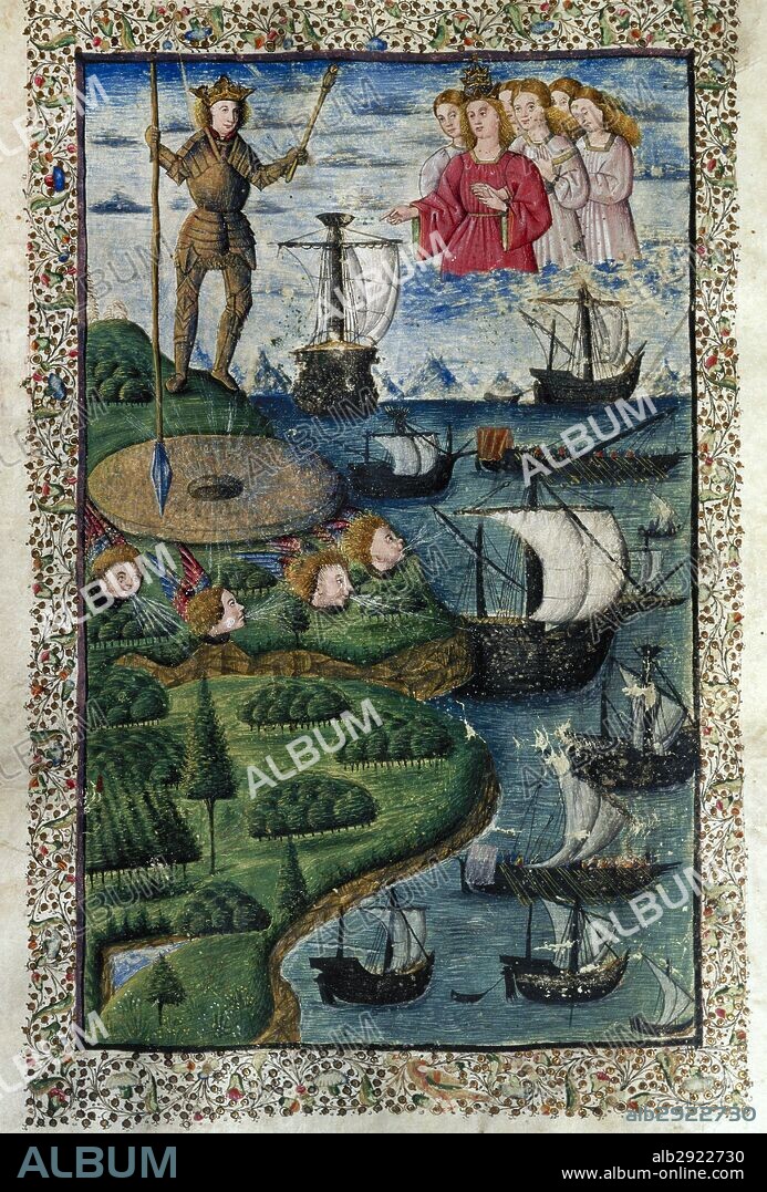 LITERATURA LATINA. SIGLO I. VIRGILIO MARON, Publio (70 a. C. -19 d. C.). "ENEIDA" (Obra inacabada y póstuma). Libro I. Miniatura del folio 64 r. de un manuscrito del siglo XV. Se representa a JUNO, QUE ENEMISTADA CON ENEAS, CONSIGUE QUE EOLO CREE UNA TEMPESTAD PARA HACERLE NAUFRAGAR EN LAS COSTAS DE AFRICA. Biblioteca de la Universidad de Valencia. España.