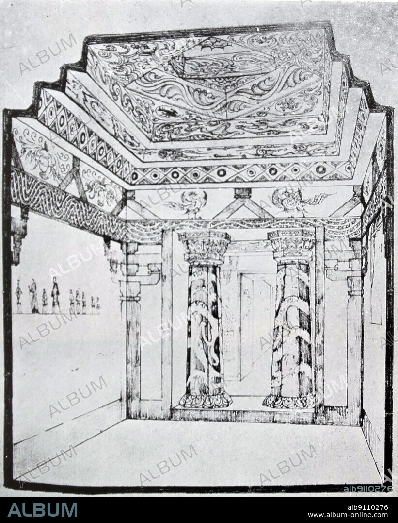 A sketch of the Twin Column Tomb (???). The Twin Column Tomb is a two-chambered burial tomb dating from Koguryo period, located in Yonggan-gun, Pyeongan Namdo, North Korea. It is listed as a National Treasure of North Korea for the painting on the north wall of the back chamber. The tomb was discovered by the Japanese during their occupation of the Korean Peninsula. Koguryeo (37 BCE - 668).