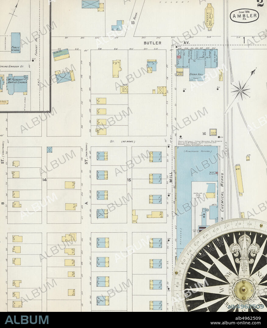 Image 2 of Sanborn Fire Insurance Map from Ambler, Montgomery County, Pennsylvania. Jun 1896. 2 Sheet(s), America, street map with a Nineteenth Century compass.