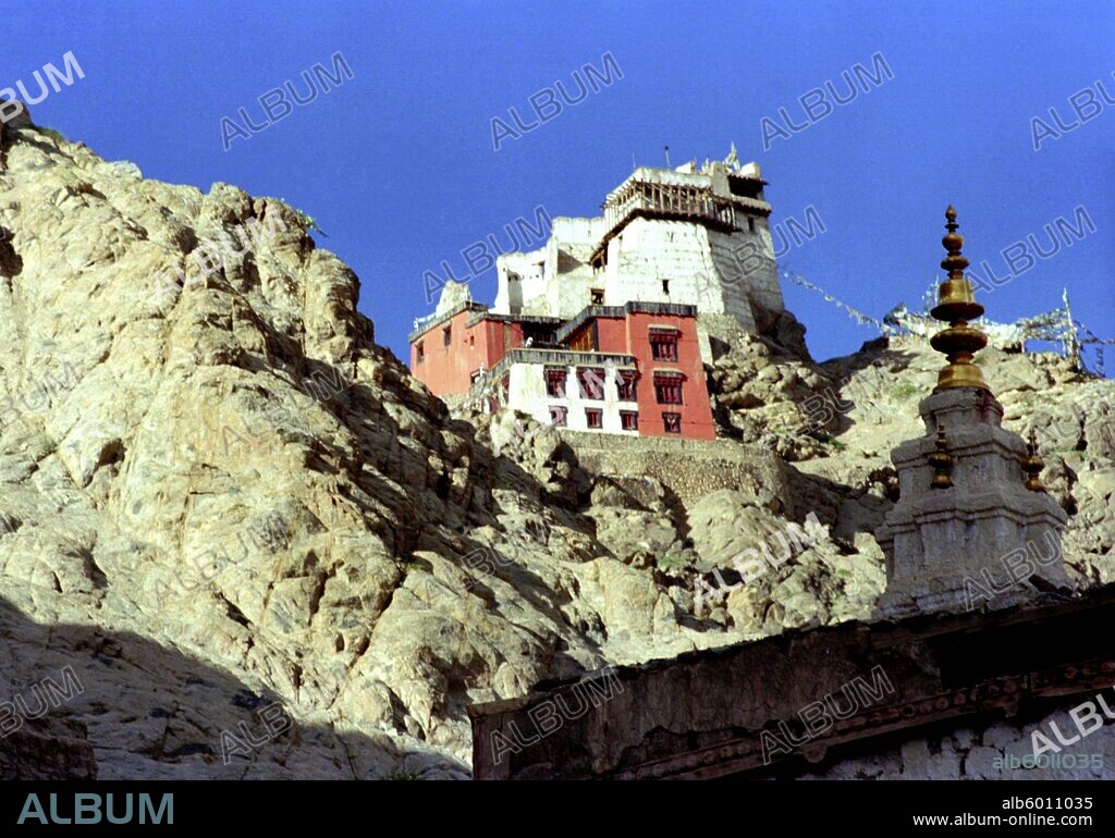 INDIA Ladakh Leh View looking up at the cliff top Gompa.