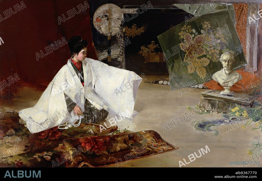Japan: 'Summer Airing'. Oil on canvas painting by Kawamura Kiyoo (1852-1934), c. 1890.<br/><br/>. Kawamura Kiyoo (1852-1934) was a Japanese painter from Edo. He became a follower of the yga (Western-style) of painting, and journeyed for a time through France and Italy. He aided in the formation of the Meiji Bijutsukai in 1889, the first art association in Japan championing western-style painting.