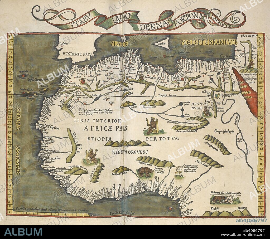 CLAUDIO PTOLOMEO. 16th century map showing northern Africa. Claudii Ptolemaei ... opus GeographieÌ¨ [translated by J. Angelius] ... [Strassburg] : Joannes Grieninger civis ArgentoratenÌƒ, 1522. Source: Maps.C.1.d.11.