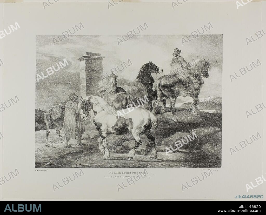 Horses Going to a Fair, plate 3 from Various Subjects Drawn from Life on Stone. Jean Louis André Théodore Géricault (French, 1791-1824); printed by Charles Joseph Hullmandel (German and English, 1789-1850); published by Rodwell and Martin. Date: 1821. Dimensions: 254 × 357 mm (image); 378 × 496 mm (sheet). Lithograph in black on ivory wove paper. Origin: France.
