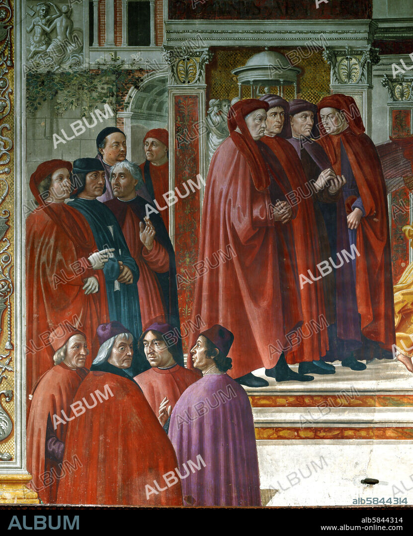 DOMENICO GHIRLANDAIO. Annunciation to Zachariah-Foreground: Florentine university professors-Gentile Becci, Angelo Poliziano, Cristoforo Landino, and Marsilio Ficino, around 1486.