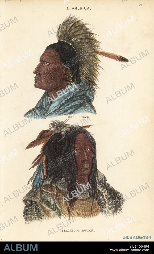 Sarcee man Massika in feather headdress and facial tattoo or scarification, and Blackfoot chief Mehkskeme-Sukahs with feather headdress, medicine fetish and bearskin cape. Saki Indian and Blackfoot Indian. After Karl Bodmer's portraits for Prince Alexander Philipp Maximilian of Neuwied. Handcoloured steel engraving by Lizars from Charles Hamilton Smith's Natural History of the Human Species, Edinburgh, W. H. Lizars, 1848.