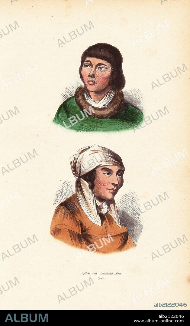 Portraits of two Kamtchadal women: one in fur-lined dress and one below in headdress. Handcoloured woodcut from Auguste Wahlen's "Moeurs, Usages et Costumes de tous les Peuples du Monde," Librairie Historique-Artistique, Brussels, 1845. Wahlen was the pseudonym of Jean-Francois-Nicolas Loumyer (1801-1875), a writer and archivist with the Heraldic Department of Belgium.