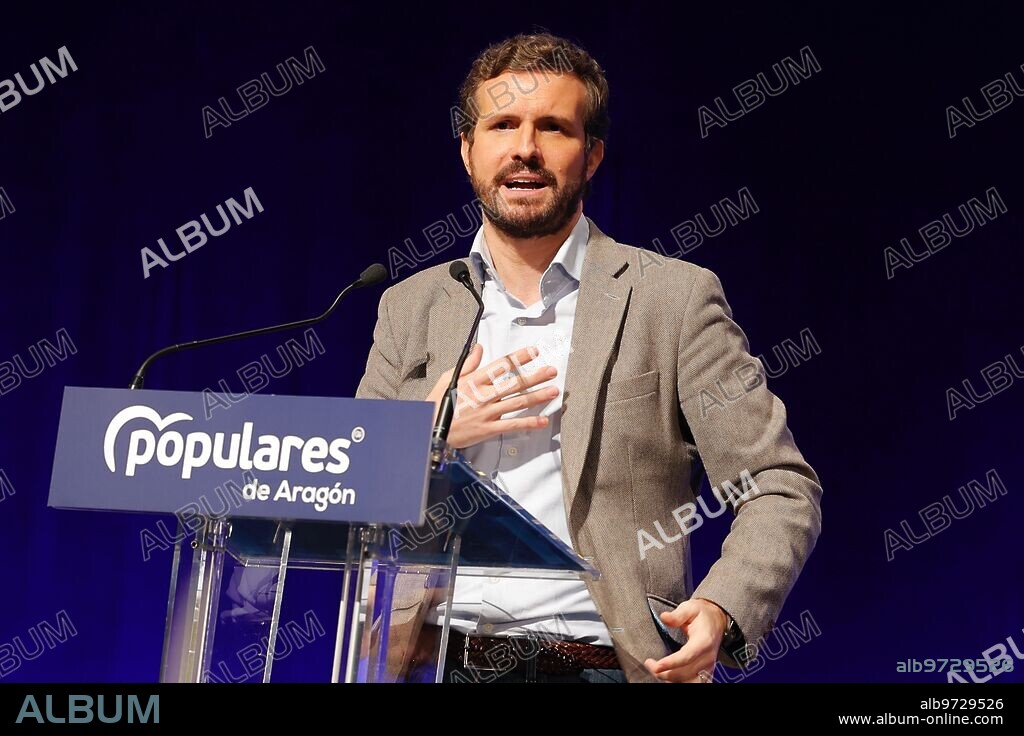 Zaragoza 19/12/2021. El presidente del PP, Pablo Casado, clausura el XIV Congreso Autonómico del Partido Popular de Aragón en el que se elegirá al alcalde de Zaragoza, Jorge Azcón, nuevo presidente regional en sustitución de Luis María Beamonte y en el que también interviene el secretario general del partido, Teodoro García Egea. Foto: Fabián Simón archdc.