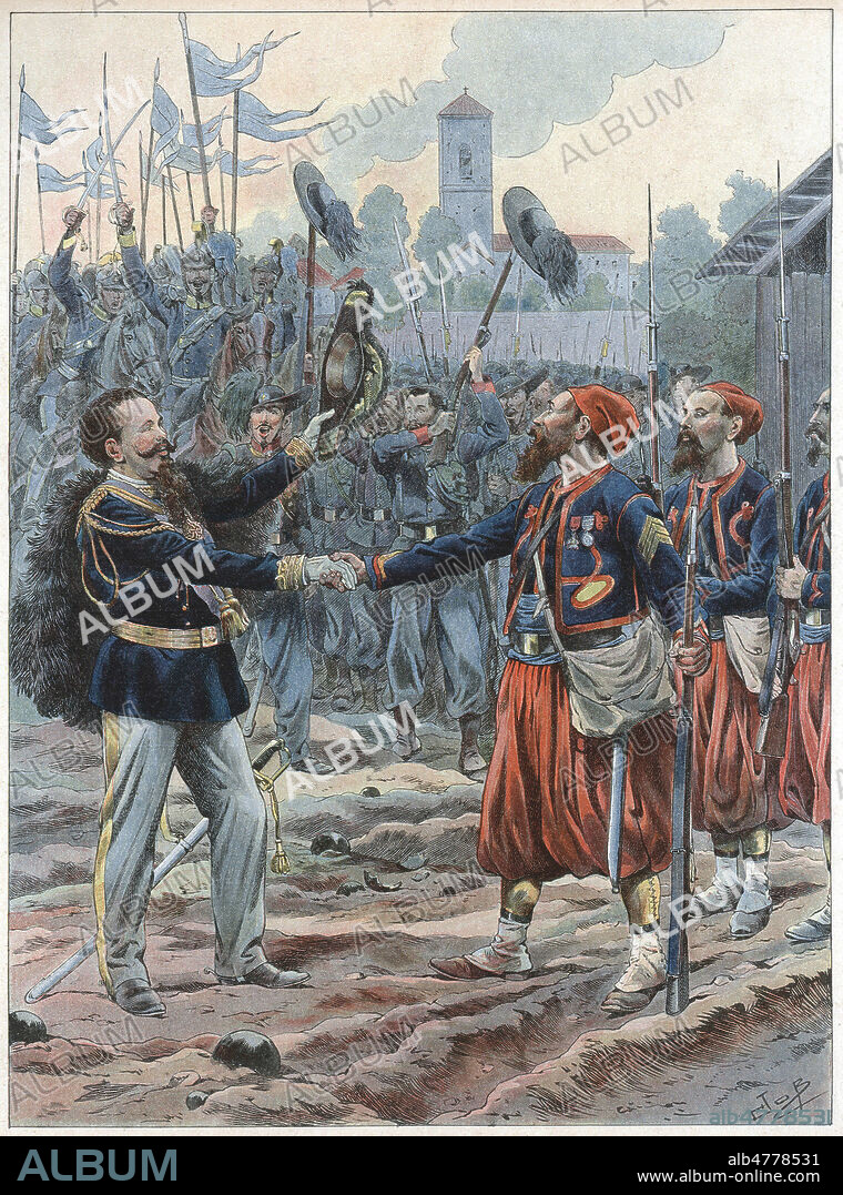 Marche royale italienne. VICTOR-EMMANUEL II (1820-1878) saluant les zouaves francais pour leur aide a l'Unite italienne. Illustration de 1899 par JOB (1858-1931) pour Les chants nationaux de tous les pays par Georges MONTORGUEIL (1857-1933). Credit : Coll. Jonas/Kharbine-Tapabor.