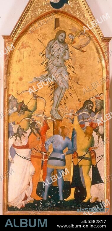 Giovanni del Biondo documented between 1356 and 1392. "Martyrdom of St. Sebastian". Middle panel of the triptych. On wood. Florence, Museo dell'Opera del Duomo.