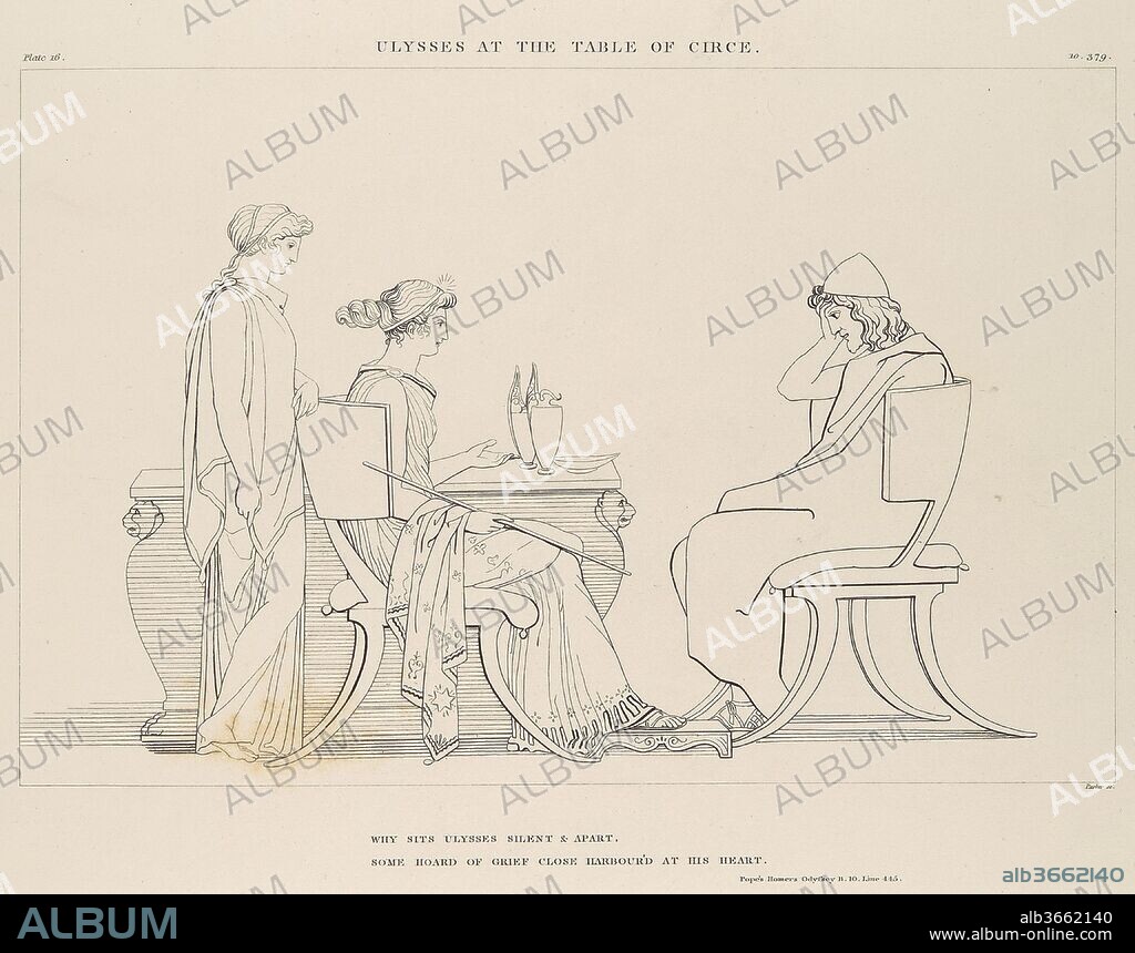 Ulysses at the Table of Circe (The Odyssey of Homer). Artist: After John Flaxman (British, York 1755-1826 London). Dimensions: Image and text: 7 11/16 × 10 1/4 in. (19.5 × 26.1 cm). Engraver: James Parker (British, London 1750-1805 London). Published in: London. Publisher: John and Arthur Arch (London); Jane Matthews (London); William Miller (London); Longman, Hurst, Rees, Orme and Brown (London). Subject of book: Homer (Greek, active 13th or 8th century BCE); Aeschylus (Greek, ca. 525 B.C.-ca. 455 B.C. Gela, Sicily); Hesiod (Greek, active ca. 700 BCE). Date: 1805.
Flaxman, the finest British sculptor of the late eighteenth century, achieved international acclaim for his spare outline illustrations to Homer, Aeschylus and Dante. Before he arrived in Rome in 1787, Flaxman exhibited portraits and classical subjects in terracotta and plaster in London, and designed decorative reliefs for Josiah Wedgwood. During the seven years he spent in Italy, the sculptor developed a striking new style of outline drawing to illustrate Homer's Iliad and Odyssey for private patrons, and the images were then engraved and published in Italy, France and Britain. Contemporaries saw these images as strikingly primitive, echoing the style of Greek vase painting, and well suited to archaic poetic subjects. Flaxman preferred to represent figures in profile, based furniture and costume on ancient sources, and used open expanses of white paper to great psychological effect.
Here, Odysseus (or Ulysses) engages in a test of wills with the beautiful sorceress Circe, who tempts the hero to partake of enchanted food and drink, already used to turn his companions into swine. Lines of poetry below come from a 1726 translation of Homer's Odyssey by Alexander Pope:
Circe in vain invites the feast to share;
Absent I ponder, and absorb'd in care;
While scenes of woe rose anxious in my breast,
The queen beheld me, and these words address'd:
"'Why sits Ulysses silent and apart,
Some hoard of grief close harbour'd at his heart
Untouch'd before thee stand the cates [food] divine,
And unregarded laughs the rosy wine.".