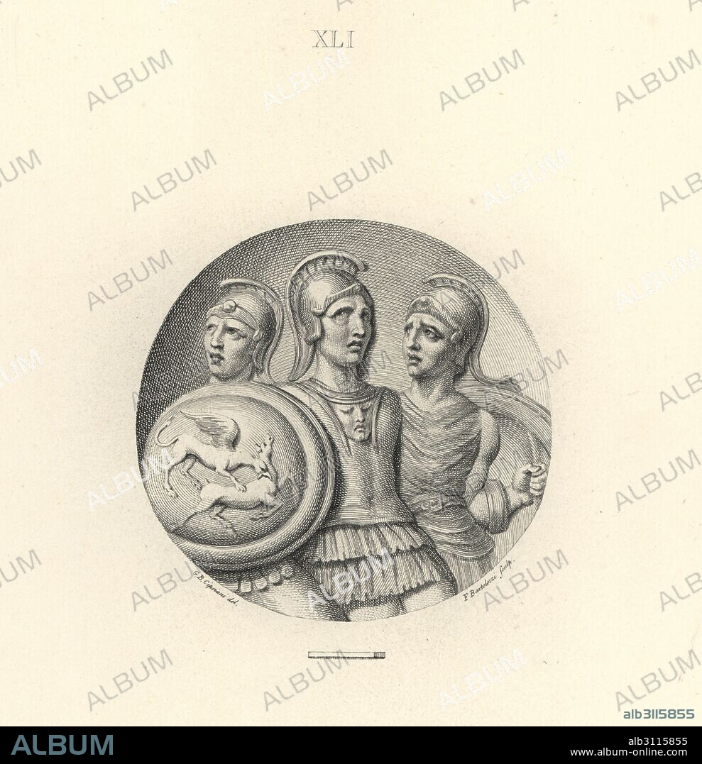 Theban general and statesman Epaminondas mortally wounded by a Spartan at the Battle of Mantinea. Copperplate engraving by Francesco Bartolozzi after a design by Giovanni Battista Cipriani from 108 Plates of Antique Gems, 1860. The gems were from the Duke of Marlborough's collection.