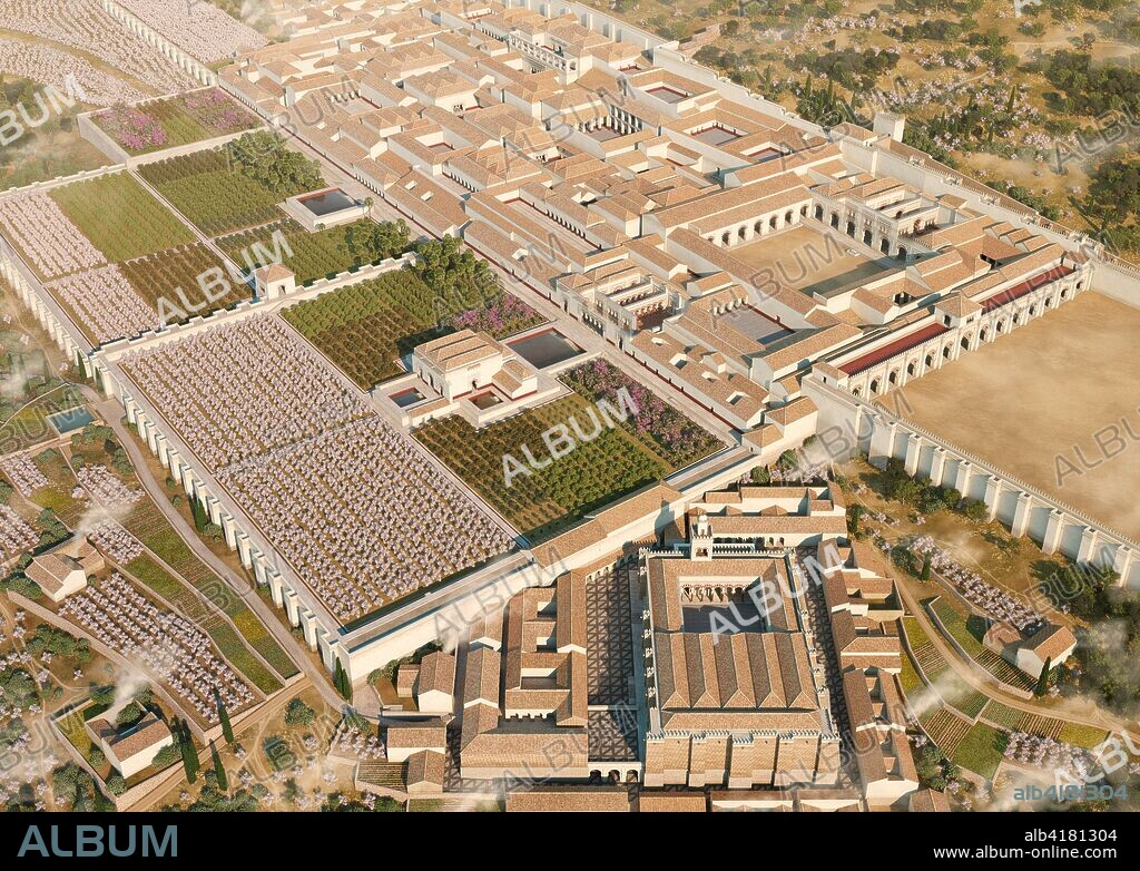 Vista general de Medina Azahara. Reconstrucción ideal del alcázar de "la ciudad brillante", la construcción más extraordinaria y prodigiosa del Islam según el geógrafo andaluz al-Zuhri, una ciudad efímera que brilló con el máximo esplendor en solo un siglo, reflejando el florecimiento social y cultural del califato en al-Andalus como resultado de la centralización del poder omeya en la región.