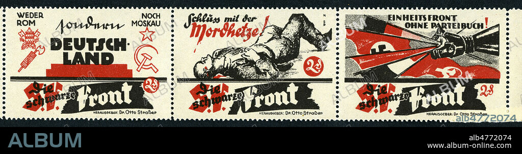 'Die schwarze front' (le front noir, ou NSKD, parti politique fonde par Otto Strasser en 1930, apres son depart du parti nazi). Vignette politique allemande vers 1932. Illustration anonyme. Credit : Collection IM/KHARBINE-TAPABOR.
