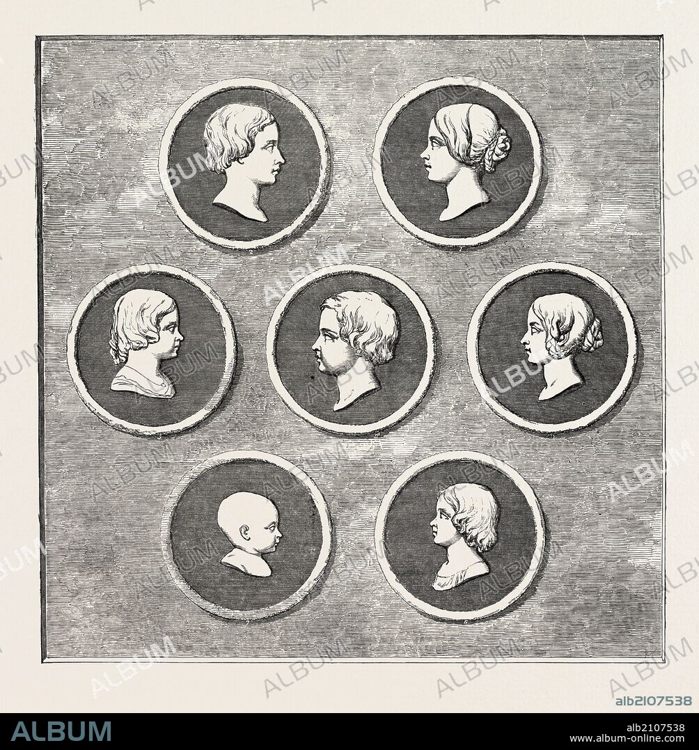 PORTRAITS OF THE ROYAL CHILDREN, MODELLED BY COMMAND OF HER MAJESTY, BY L.C. WYON, ROYAL MINT: 1. VICTORIA ADELAIDE MARY LOUISA, born November 21, 1840, Princess Royal. 2. ALBERT EDWARD, PRINCE OF WALES, born November 9, 1841. 3. ALICE MAUD MARY, born April 25, 1843. 4. ALFRED ERNEST ALBERT, born August 6, 1844. 5. HELENA AUGUSTA VICTORIA, born May 25, 1846. 6. LOUISA CAROLINE ALBERTA, born March 18, 1848. 7. ARTHUR WILLIAM PATRICK ALBERT, born May 1, 1850.