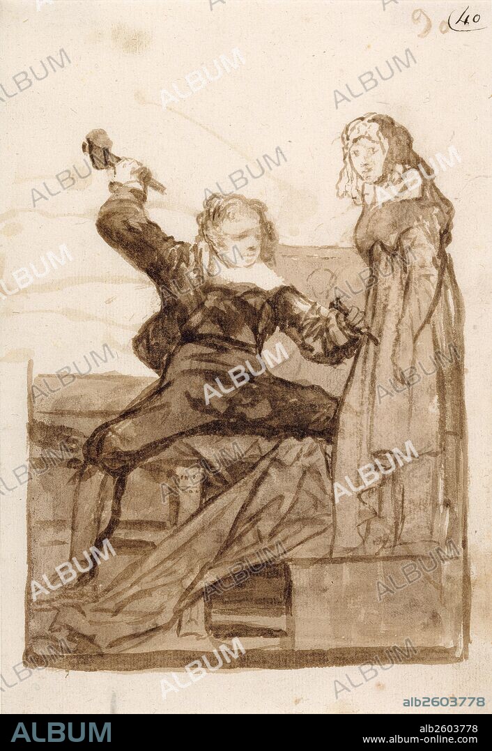 Pygmalion and Galatea; Francisco José de Goya y Lucientes (Francisco de Goya), Spanish, 1746 - 1828; possibly about 1812 - 1820; Brush and sepia wash; 20.5 x 14.1 cm (8 1/16 x 5 9/16 in.).