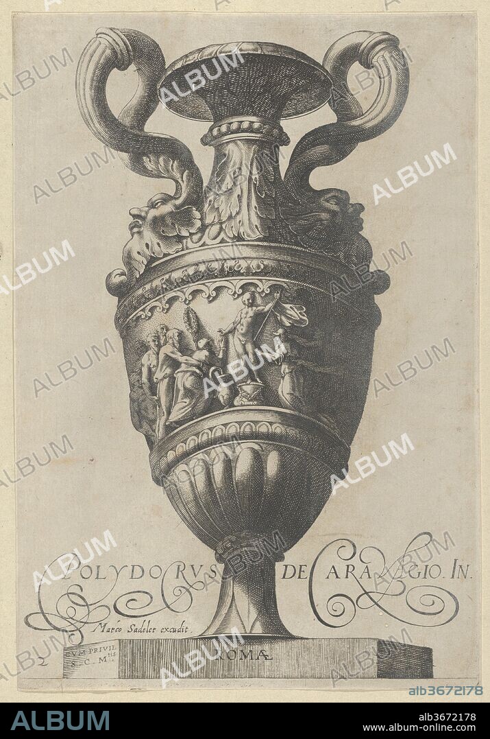 Plate 2: Two-handled vase with a nude figure on a pedestal at center, from Antique Vases ('Vasa a Polydoro Caravagino'). Artist: After Polidoro da Caravaggio (Italian, Caravaggio ca. 1499-ca. 1543 Messina); Aegidius Sadeler II (Netherlandish, Antwerp 1568-1629 Prague); After Cherubino Alberti (Zaccaria Mattia) (Italian, Borgo Sansepolcro 1553-1615 Rome). Dimensions: Sheet: 9 5/16 × 6 7/16 in. (23.7 × 16.3 cm). Publisher: Marcus Sadeler (German, Munich before 1614-in or after 1650). Series/Portfolio: Antique Vases. Date: 1605.
These vases are reverse copies of Alberti's series of 1582.