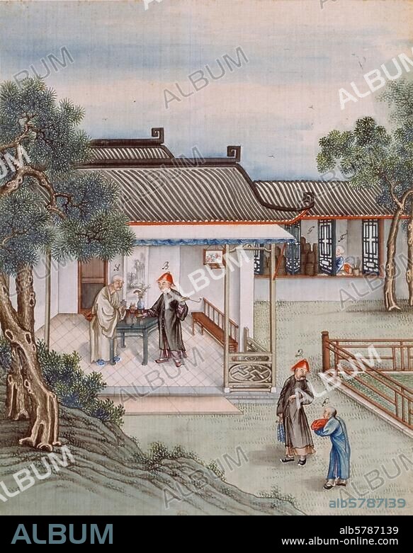 Nahrungs- und Genußmittel: Tee. - China: ein alter Mönch macht einem Mandarin ein wertvolles. Geschenk, indem er ihm einige Kostproben eines Tees von höchster Güte anbietet. - Chinesisch, Seidenmalerei, 1. Drittel 18. Jh. Tafel 22. Aus einem chinesischen Album mit 50 Tafeln über den Anbau und die Gewinnung von Tee. Dép. Estampes, RESERVE PET FOL-OE-78.
