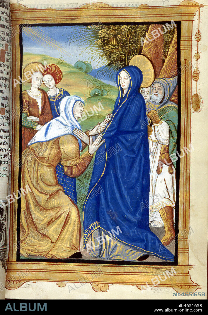 Marie rend visite a sa cousine Elisabeth, enceinte elle-aussi, apres l'annonce de l'ange Gabriel. Enluminure tiree de ' Heures a l'usage de Rome, ' edite chez Guillaume Godard vers 1515. Credit : Coll. BHVP-Grob/KHARBINE-TAPABOR.