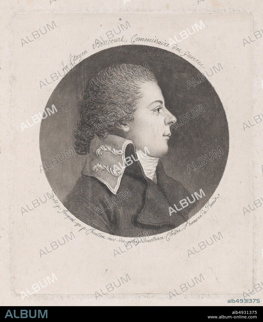 Gilles Louis Chrétien, Portrait of Citoyen Boncourt, Gilles Louis Chrétien (French, Versailles 17541811 Paris), After Jean Fouquet (French, active 178193), 17811811, Aquatint, Plate: 3 1/16 × 2 5/8 in. (7.8 × 6.6 cm), Sheet: 4 13/16 × 3 1/4 in. (12.3 × 8.3 cm).