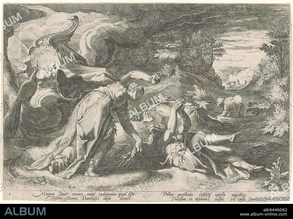 Juno turns Callisto into a bear, Metamorphoses of Ovid (series title), After Callisto gives birth to Jupiter's son Arcas, Juno turns her into a bear, out of anger at the exposure of her husband's adultery. On the left, her chariot with peacocks. In the lower margin a four-line commentary, in two columns, in Latin., print maker: Hendrick Goltzius, (workshop of), after design by: Hendrick Goltzius, Franco Estius, Haarlem, 1590, paper, engraving, height 176 mm × width 255 mm.