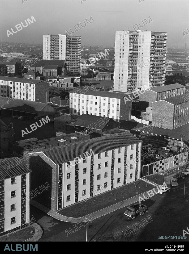 JOHN LAING PLC. Smethwick, Sandwell, 06/02/1968. A view over a housing estate, consisting of low rise 'Easiform' flats and high rise 'Sectra' flats, in the Soho Way/Oakfield Road area of Smethwick. These flats were built by Laing's Birmingham Region for Warley Borough Council. This housing scheme consisted of two tower blocks of Sectra flats and six blocks of Easiform maisonettes.