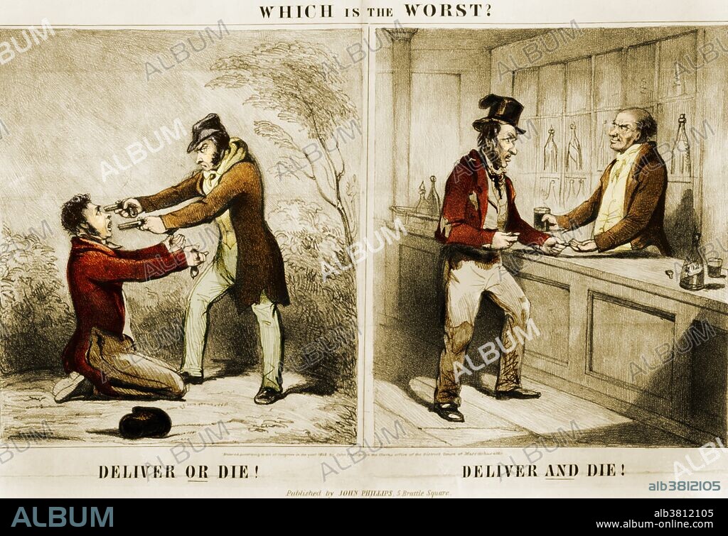 Political illustration asking "Which is the Worst?" On the left, a man is robbed and the caption reads "Deliver or die!"; on the other, a man buys a drink and the caption reads "Deliver and die!".