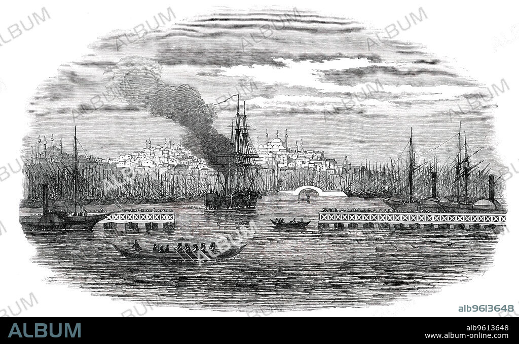The Golden Horn, Constantinople, [modern Istanbul], 1850. 'One of our artistic correspondents has sketched the great harbour...The pontoon bridge was then opened, to allow two fine Turkish frigates to pass from the dockyard. This bridge consists of a number of parts, each supported by four barges...two of the divisions of the bridge were removed, leaving a large open space. Near each extremity of the bridge is a wooden arch, high enough to allow boats and barges to pass...Without the outer bridge are to be seen large steamers and sailing-vessels constantly arriving and sailing, men-of-war, coasting vessels of every build and rig, and karjiks of light and graceful form passing to and fro for lime. Latterly, too, several small steamers arrive every forenoon with passengers from the neighbouring towns...'. From "Illustrated London News", 1850.