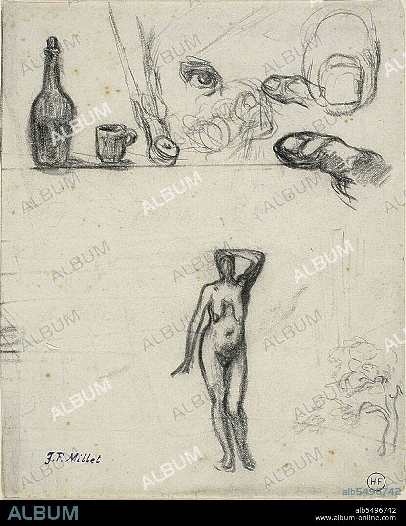 JEAN FRANCOIS MILLET. Sheet of Sketches: Standing Female Nude, Tree, Still Life, Fingers and Eye, n.d.