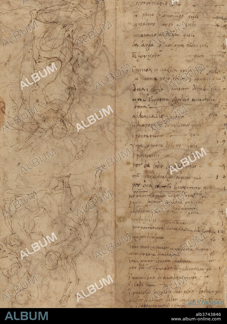PERIN DEL VAGA. Figure Studies [verso]. Dimensions: overall: 19.2 x 27.4 cm (7 9/16 x 10 13/16 in.). Medium: pen and brown ink on laid paper (red chalk line across center).