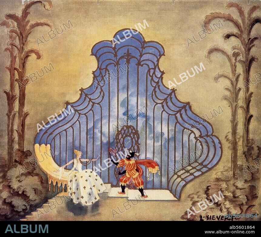 Mozart, Wolfgang Amadeus Komponist, 1756-1791. Werke: Die Zauberflöte (1791). Gemach der Pamina. Bühnenbildentwurf von Ludwig Sievert. (1887-1966) für eine Aufführung am Nationaltheater Mannheim, 1916 (Regie: Karl Hagemann, Bühnenbild: L.Sievert).