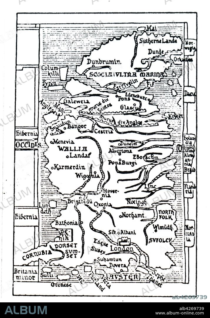 A map of 13th-century Britain by Matthew Paris. Matthew Paris (1200-1259) a Benedictine monk, English chronicler, artist and cartographer. Dated 13th century.