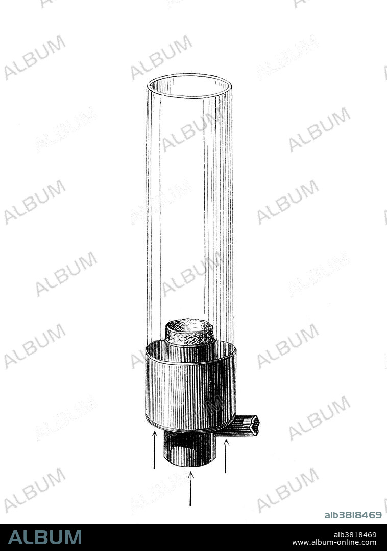 Lamp with glass chimney and circular, hollow wick designed by Argand in 1784 that increased the amount of illumination. The Argand lamp is a home lighting oil lamp producing a light output of 6 to 10 candela which was invented and patented in 1780 by AimÃ© Argand. Aside from the improvement in brightness, the more complete combustion of the wick and oil required much less frequent trimming of the wick. The Argand lamp had a sleeve-shaped candle wick mounted so that air can pass both through the center of the wick and also around the outside of the wick before being drawn into cylindrical chimney which steadies the flame and improves the flow of air. Early models used ground glass which was sometimes tinted around the wick. An Argand lamp used whale oil, colza, olive oil or other vegetable oil as fuel which was supplied by a gravity feed from a reservoir mounted above the burner.