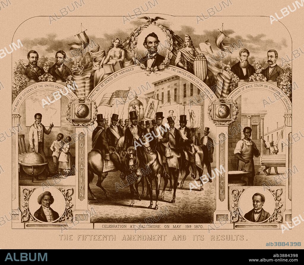 Digitally restored Civil War print of The Fifteenth Amendment And Its Results. It shows a celebration in Baltimore of the enactment of the Fifteenth Amendment. It features, Frederick Douglass, Hiram R. Revels, Ulysses S. Grant, Schuyler Colfax, Hugh Lenox Bond, John Brown, and President Lincoln.