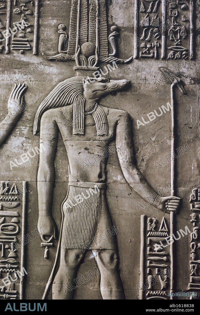Kom Ombo, Relief of the Crocodile-Headed God Sobek  2nd C. B.C., Ptolemaic Period  Egyptian Art  Tomb of Tutankhamen, Valley of The Kings, Luxor, Egypt.