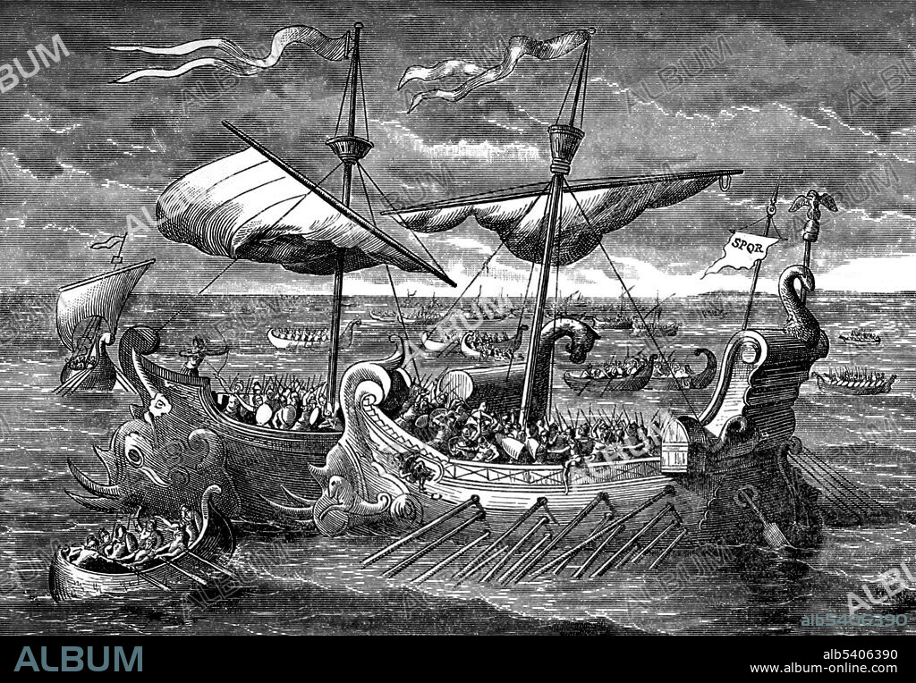 Battle of Actium, off the western coast of Greece, where Roman leader Octavian won a decisive victory against the forces of Roman Mark Antony and Cleopatra, queen of Egypt. On September 2, 31 BC, their fleets clashed at Actium in Greece. After heavy fighting, Cleopatra broke from the engagement and set course for Egypt with 60 of her ships. Antony then broke through the enemy line and followed her. The disheartened fleet that remained surrendered to Octavian. One week later, Antony's land forces surrendered. Antony and Cleopatra committed suicide the following year. Naval Battles, Ancient and Modern by Edward Shippen, 1883 (cropped and cleaned).