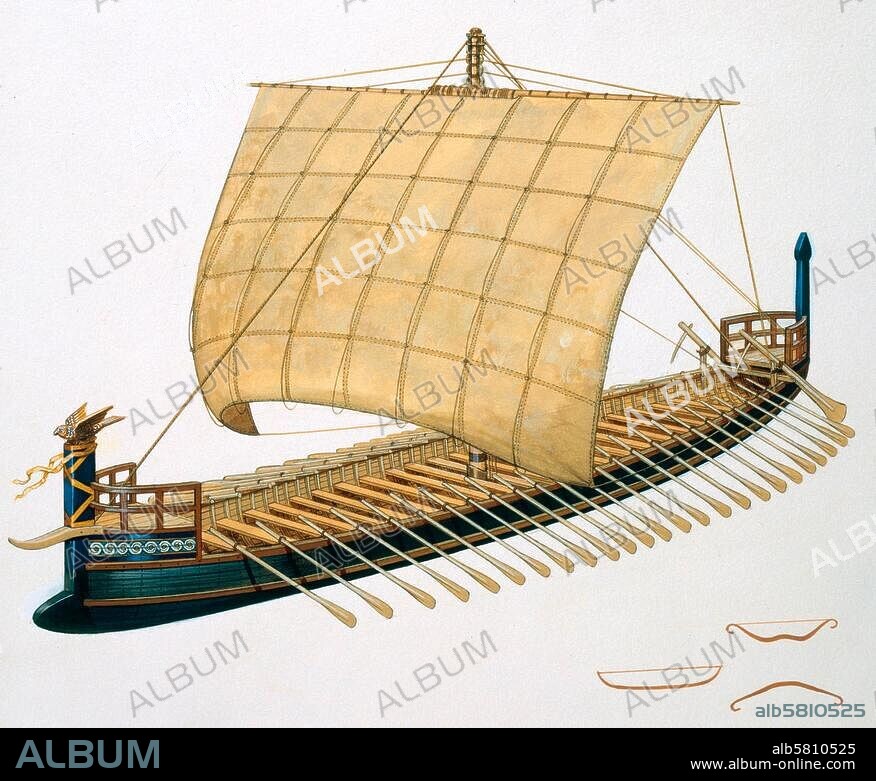 Schiffahrt / Antike. Griechisches Kriegschiff um 750 v. Chr. (Galeere, 50 Ruderer). Aquarell, undat., von Peter Connolly (1935-2012).