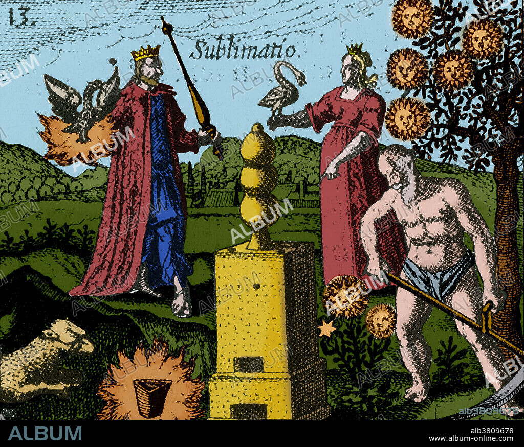 An illustration entitled sublimatio from an alchemical treatise from 1622. In alchemy, sublimation is the process whereby a substance is heated to a vapor and then collects as sediment on the neck of the heating vessel. It is one of the twelve core alchemical processes. Alchemy was the pseudo-scientific predecessor of chemistry. Among other pursuits, alchemists searched for formulas that would turn base metals into gold. They sought wisdom and the secret to immortality. Color enhancement of BN6675.