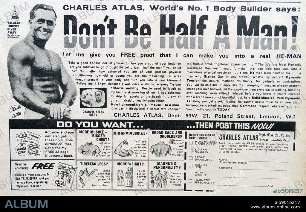 Advertisement featuring Charles Atlas (1892-1972) an Italian-American bodybuilder.
