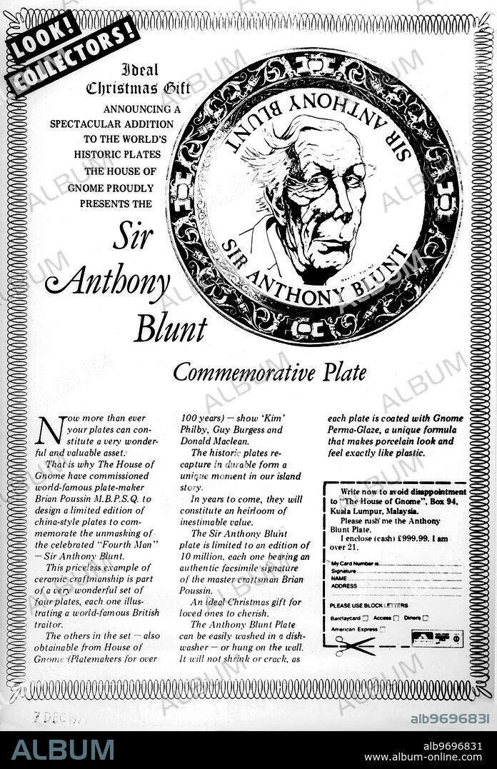 Sir Anthony Blunt commemorative plate from Private Eye who spoof the former art adviser to the Queen after he was named as the fourth man in the Burgess Maclean spy scandal. 7th December 1979.