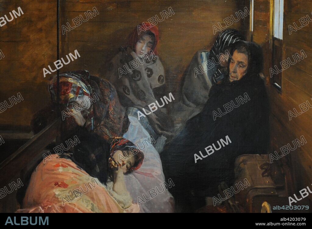 Joaquín Sorolla y Bastida (1863-1923). Pintor español. Trata de blancas. Firmado: J. Sorolla, 1895. Madrid. Pintado en 1894. El cuadro representa a cuatro jóvenes prostitutas acompañadas de su Celestina, durmiendo cansadas en el interior de un vagón de tercera. Oleo sobre lienzo, 166,5 x 165 cm. Detalle. Museo Sorolla. Madrid. España.
