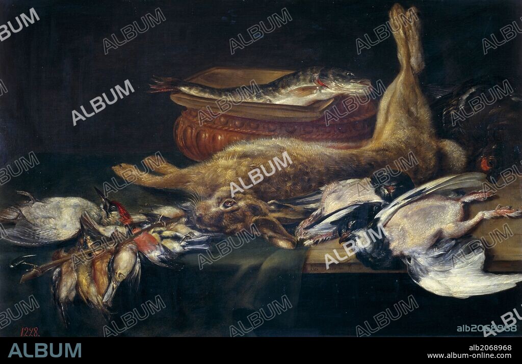 ALEXANDER VAN ADRIAENSSEN. Alexander Adriaenssen / 'Bodegón: liebre, pájaros muertos y pescados', 1616, Escuela Flamenca, Óleo sobre Tabla, 60 cm x 91 cm, P01342.
