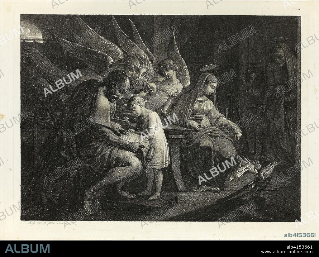 The Holy Family Busy at Home: Joseph Teaches the Boy Jesus to Read. Mary Feeds the Pigeons. Elizabeth Enters the Room with John. Carl Russ; Austrian, 1779-1843. Date: 1809. Dimensions: 273 × 362 mm (plate); 290 × 384 mm (primary support); 300 × 399 mm (secondary support). Etching and aquatint in black on cream wove paper, laid down on ivory wove paper (chine collé). Origin: Austria.
