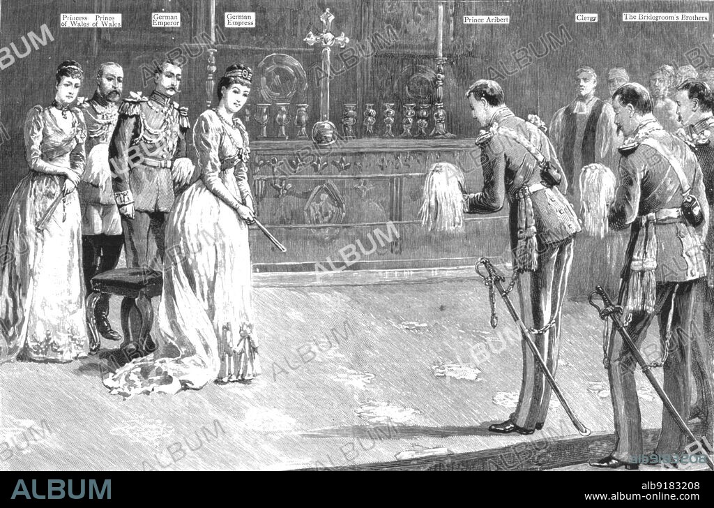 ''The Wedding of HRH Princess Louise of Schleswig-Holstein and HH Prince Aribert of Anhalt at St. Georges Chapel, Windsor, on July 6, 1891; The Bridegrooms arrival at the Altar', 1891. From "The Graphic. An Illustrated Weekly Newspaper", Volume 44. July to December, 1891.